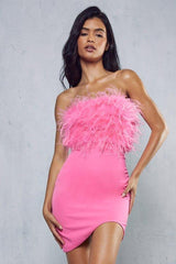 Curved Hem Feather Mini Dress