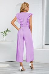 V-Neck Pleats Belted Jumpsuit