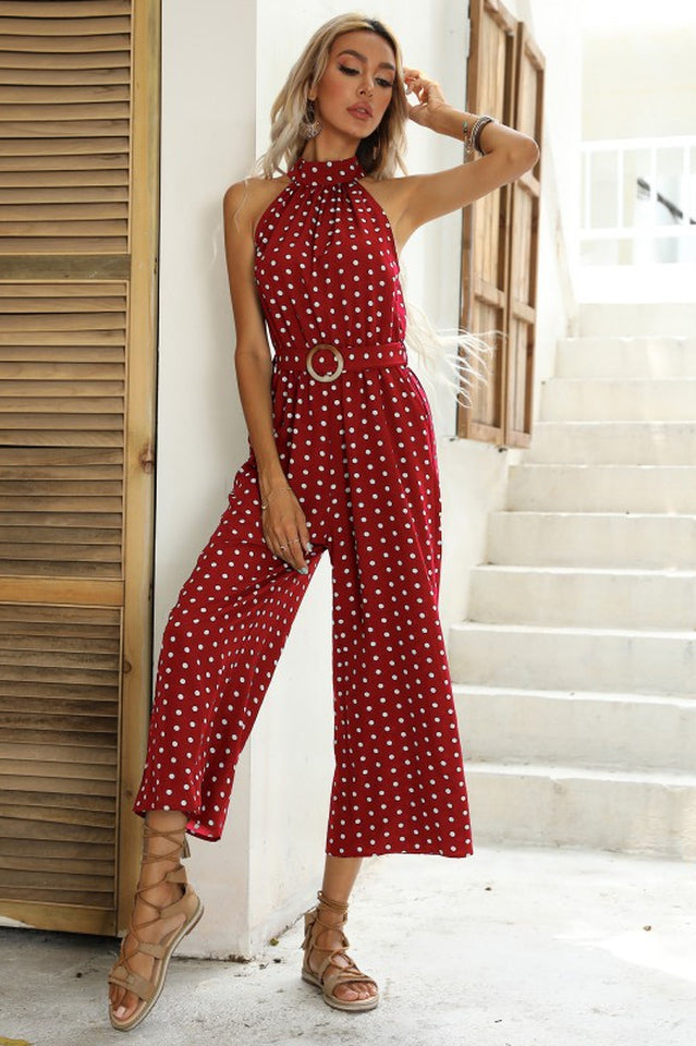 Polka Dots Print Funnel Neck Belted Jumpsuit