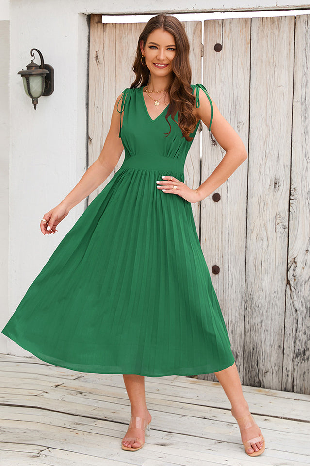 Cinched-Waist Pleated Midi Dress