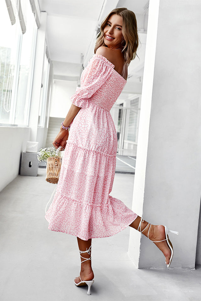 Off Shoulder Smocked Midi Dress