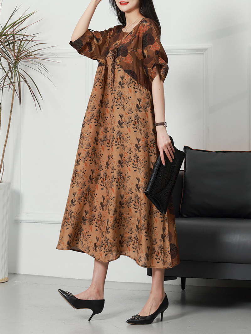 Casual Printed Flower Short Sleeved Loose Waist Midi Dress