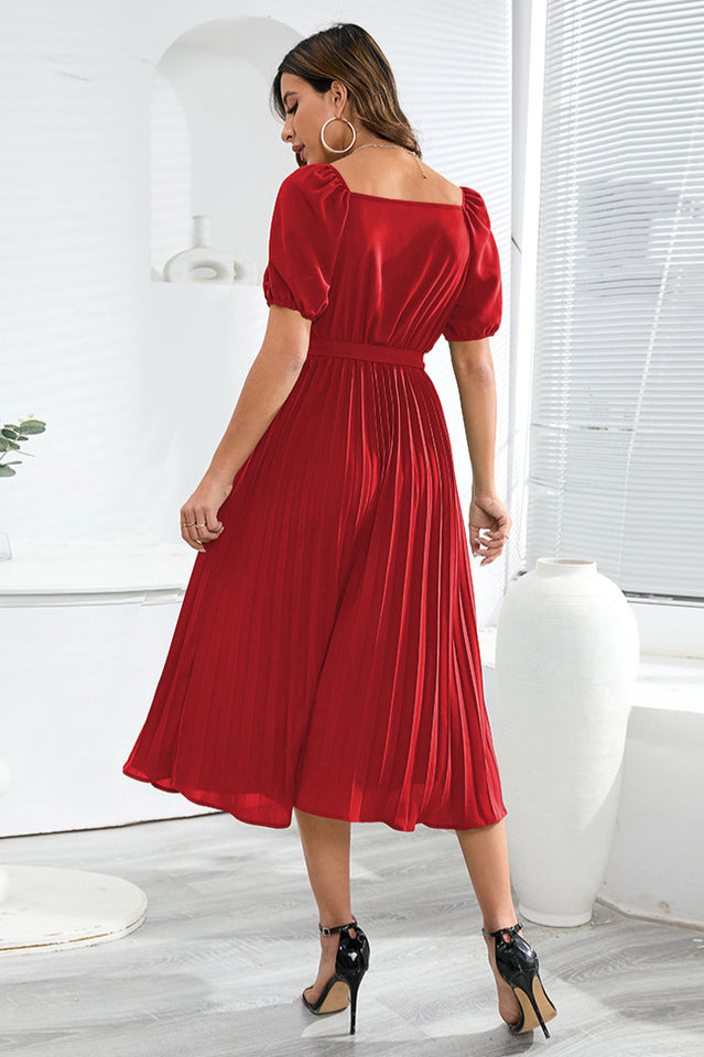 V-Neck Pleated Tie-Waist Midi Dress