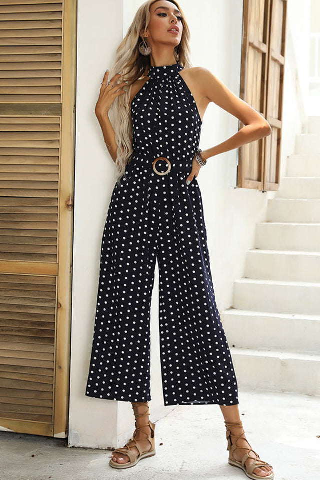 Polka Dots Print Funnel Neck Belted Jumpsuit