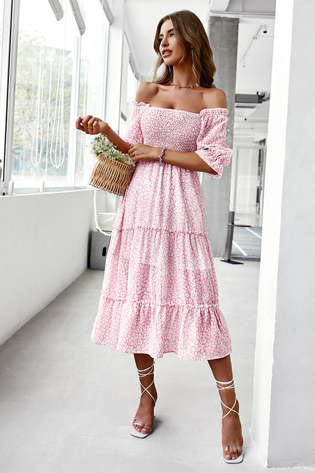 Off Shoulder Smocked Midi Dress