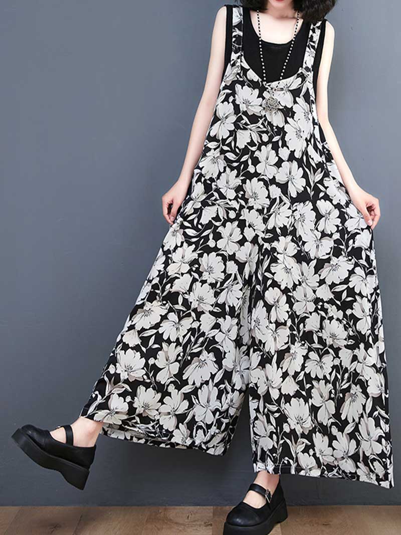 Floral Print Cotton Wide-Leg Overall Jumpsuit