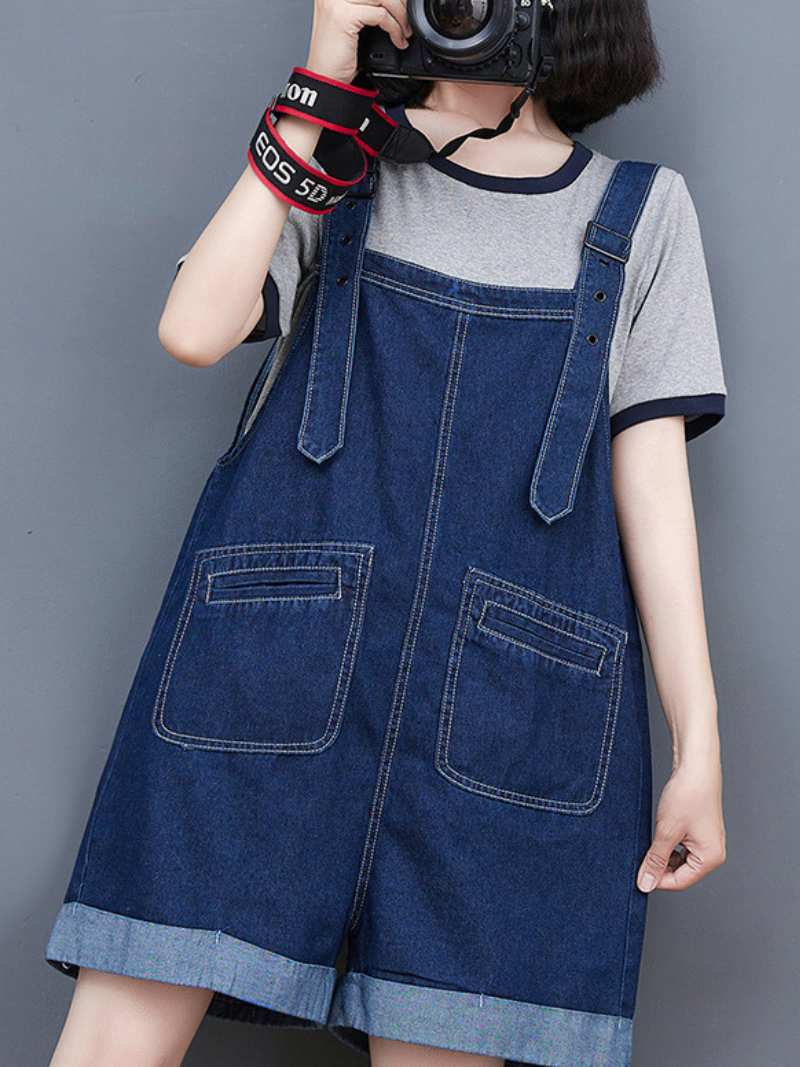 Ripped Frayed Pockets Denim Shorts Romper Jumpsuit Dungarees