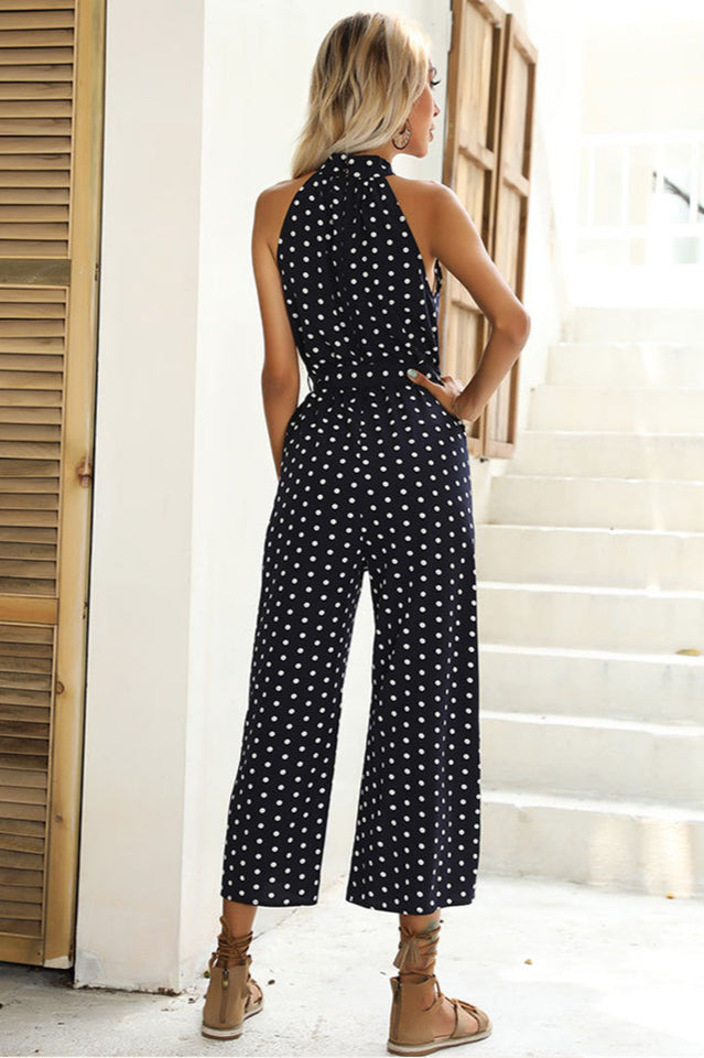 Polka Dots Print Funnel Neck Belted Jumpsuit