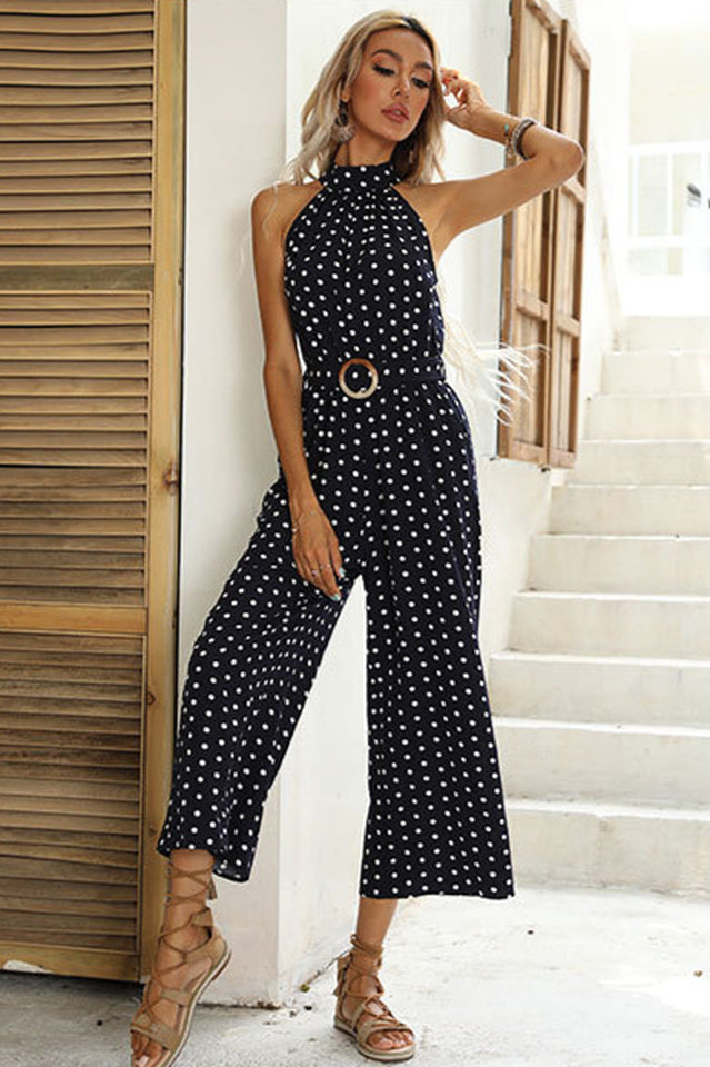 Polka Dots Print Funnel Neck Belted Jumpsuit