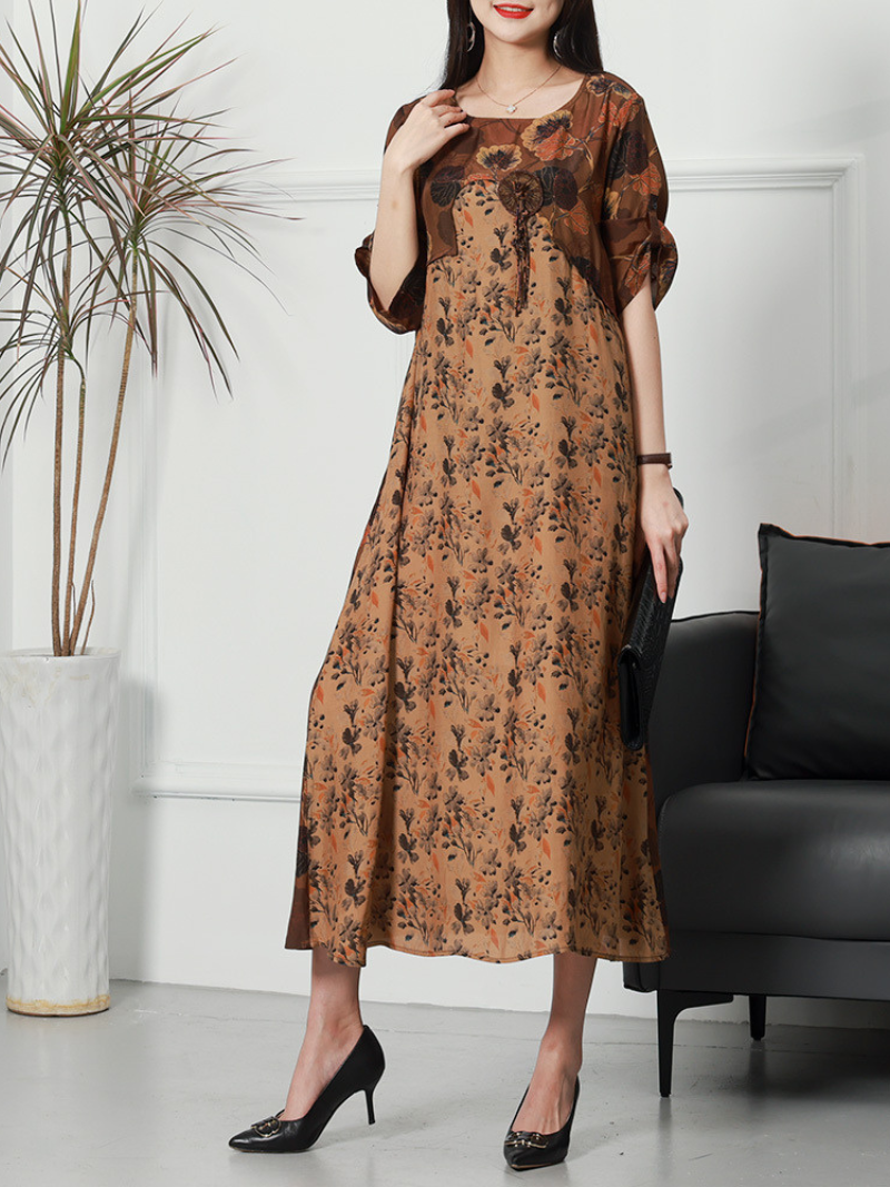 Casual Printed Flower Short Sleeved Loose Waist Midi Dress