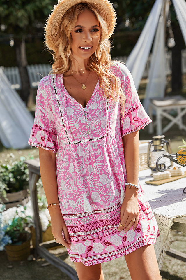 Boho Short Sleeve Floral Mini Dress