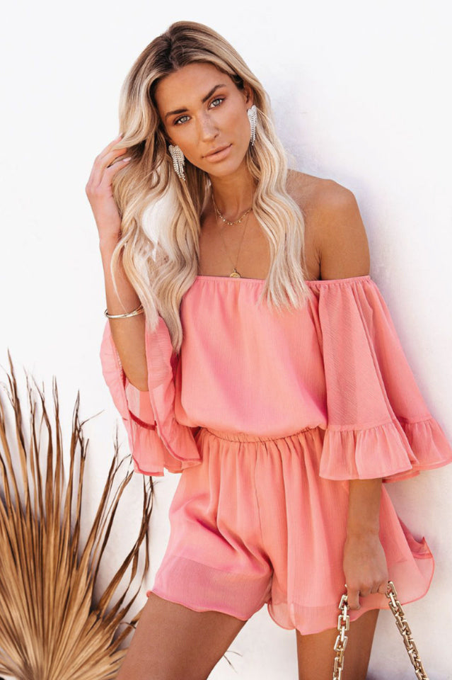 Flounced Sleeve Off Shoulder Romper