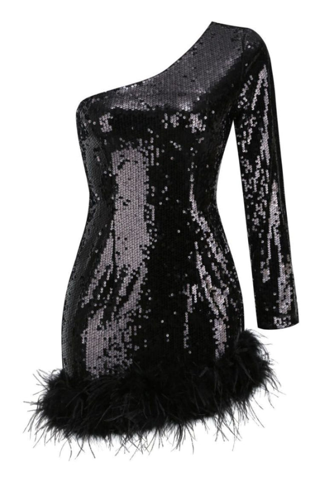 Romy One Shoulder Sequin Feather Mini Dress