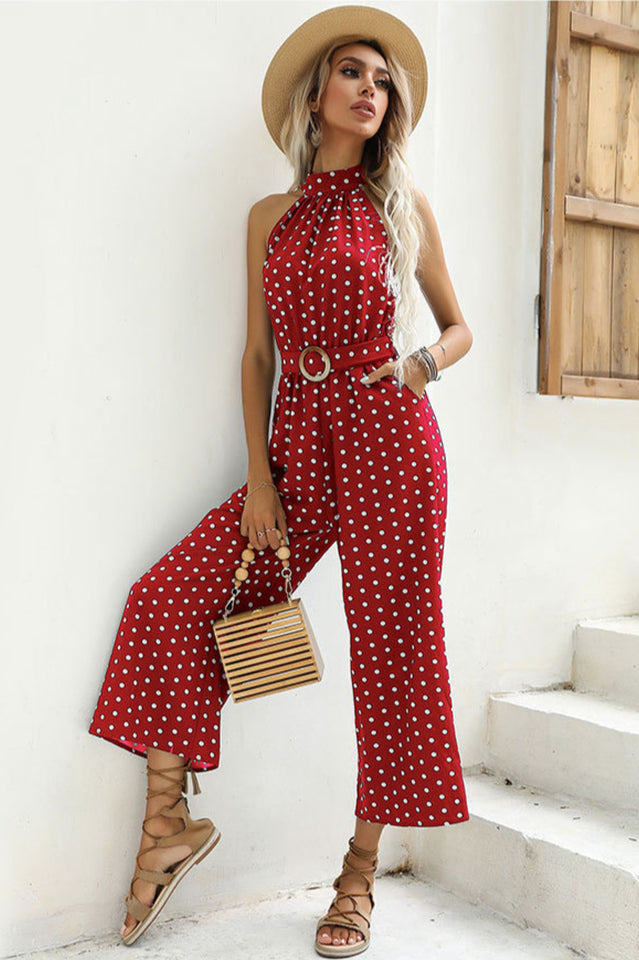 Polka Dots Print Funnel Neck Belted Jumpsuit