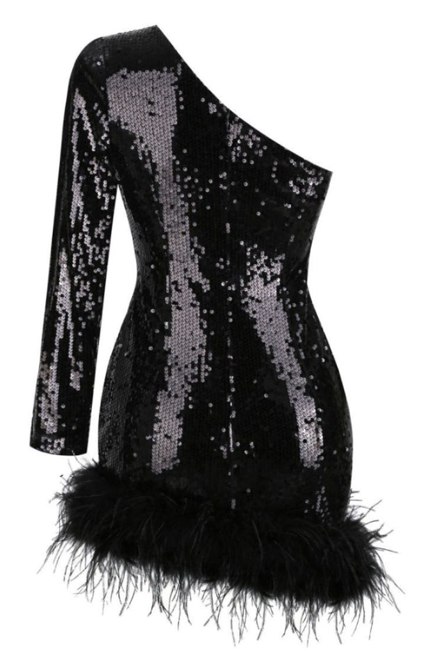 Romy One Shoulder Sequin Feather Mini Dress