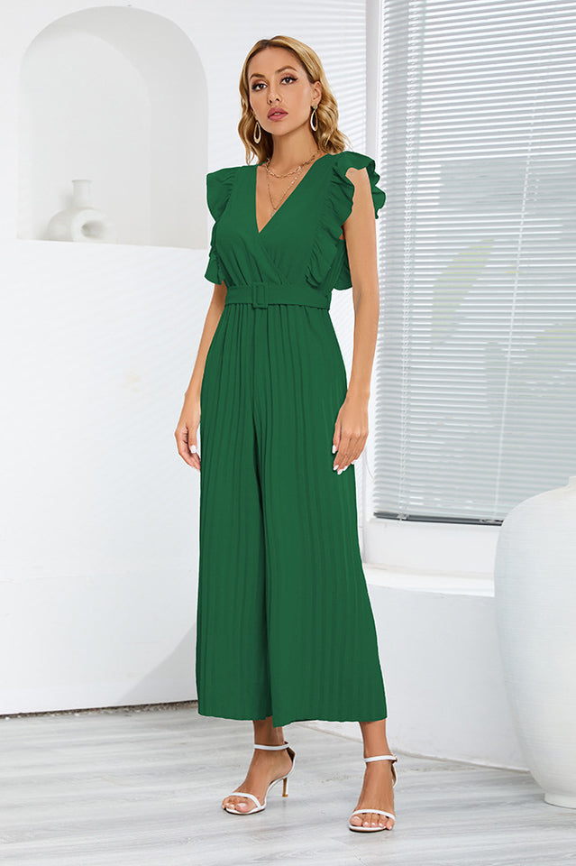 V-Neck Pleats Belted Jumpsuit