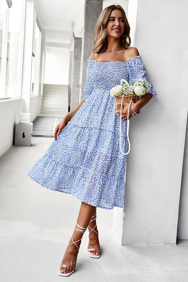 Off Shoulder Smocked Midi Dress