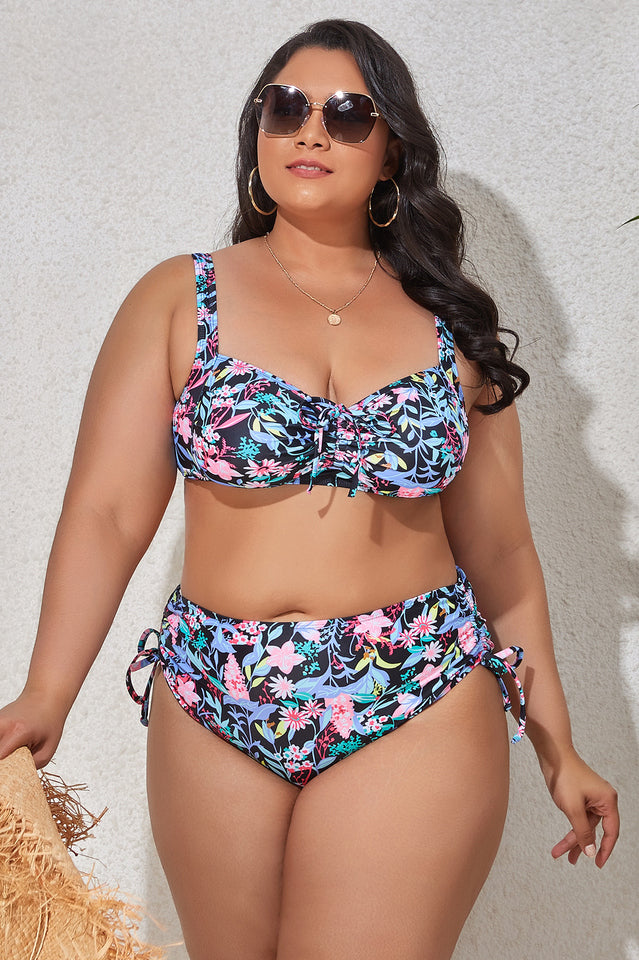 (L-4XL) Floral Adjustable Side Bikini Set