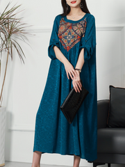 Attractive Long Sleeves Round Neck Embroidered Midi-Dress