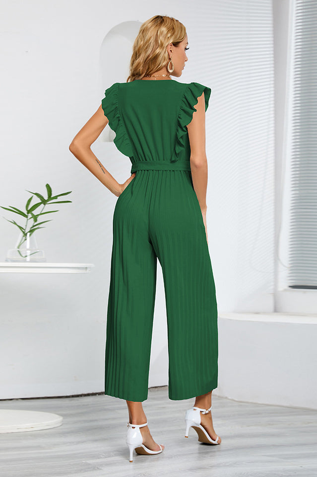 V-Neck Pleats Belted Jumpsuit