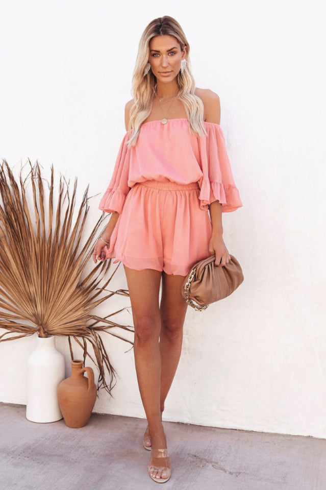 Flounced Sleeve Off Shoulder Romper