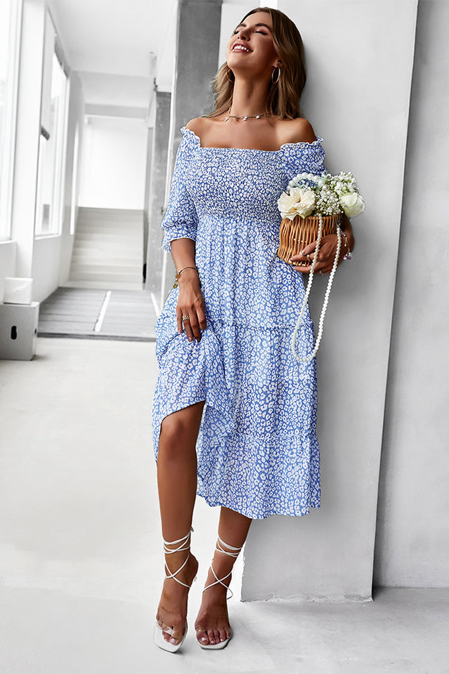 Off Shoulder Smocked Midi Dress