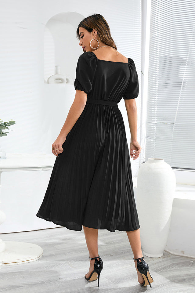 V-Neck Pleated Tie-Waist Midi Dress