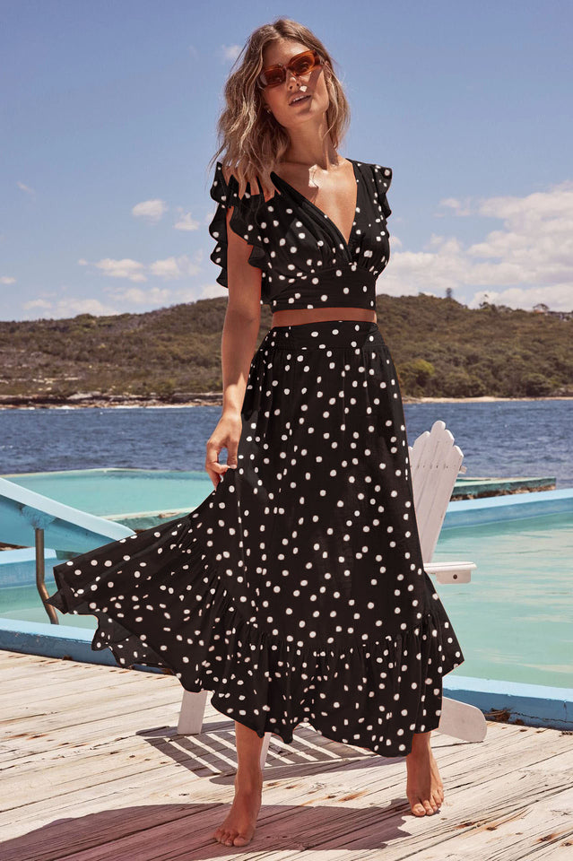 Polka Dot Ruffle Tank Top + Midi Skirt Set