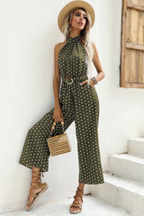 Polka Dots Print Funnel Neck Belted Jumpsuit