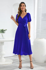 V-Neck Pleated Tie-Waist Midi Dress