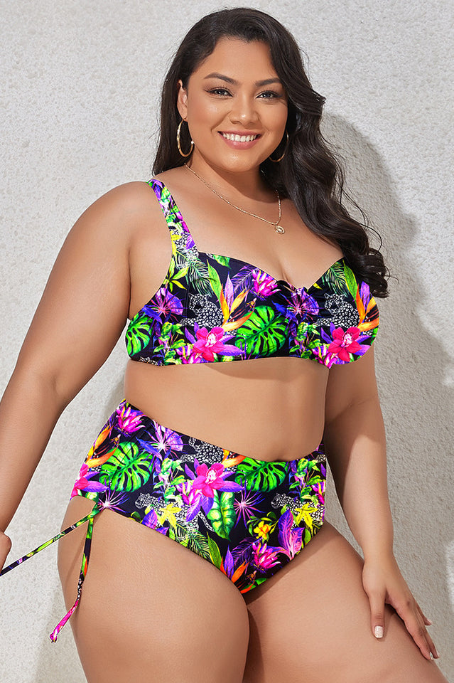 (L-4XL) Floral Adjustable Side Bikini Set