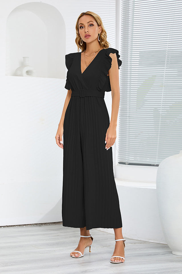 V-Neck Pleats Belted Jumpsuit