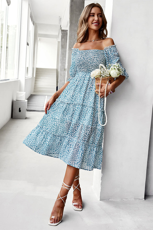 Off Shoulder Smocked Midi Dress