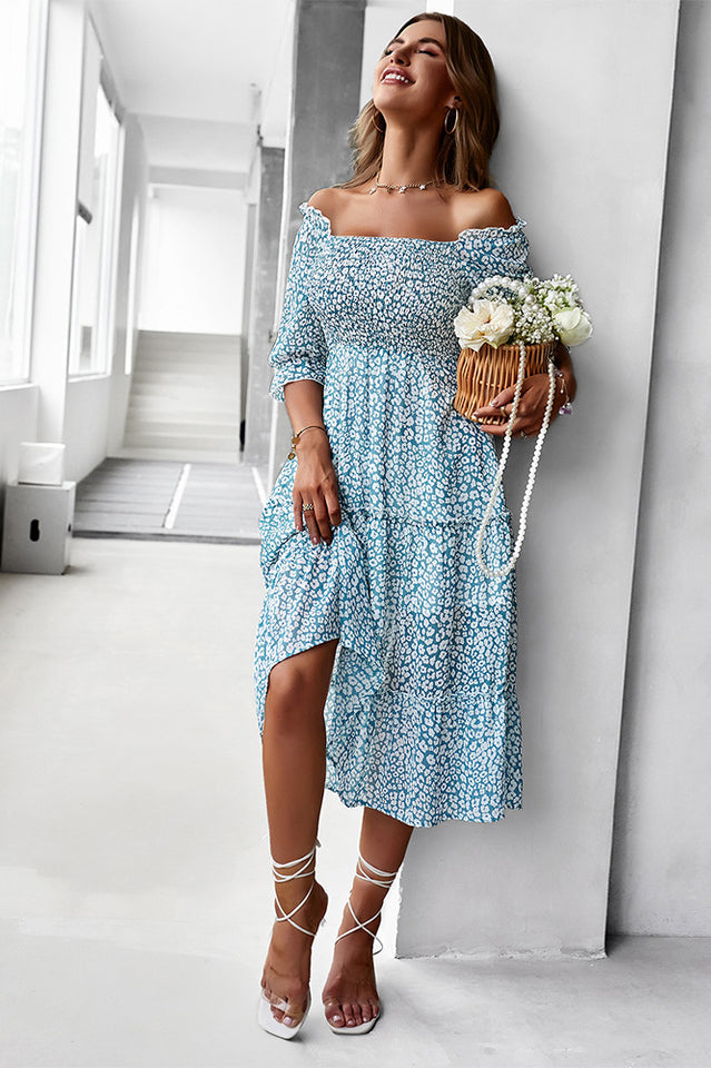 Off Shoulder Smocked Midi Dress