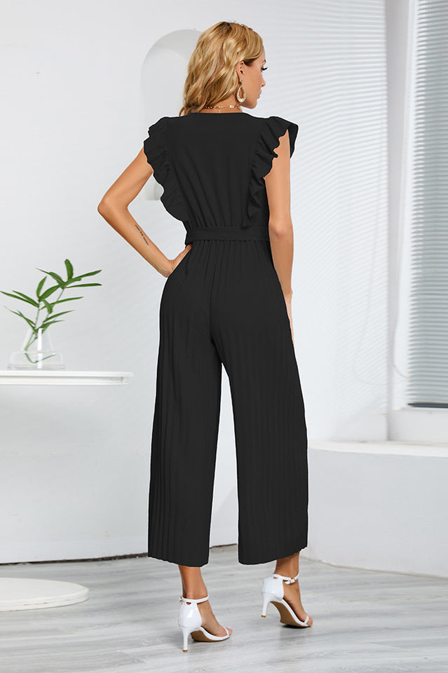 V-Neck Pleats Belted Jumpsuit