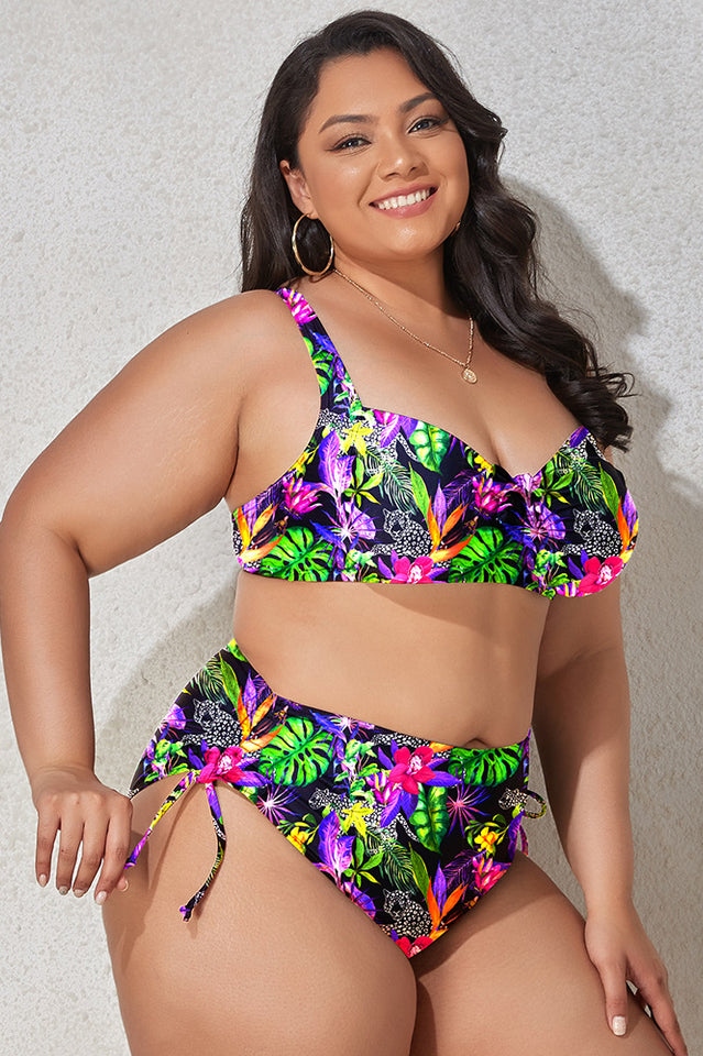 (L-4XL) Floral Adjustable Side Bikini Set