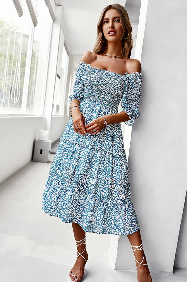 Off Shoulder Smocked Midi Dress