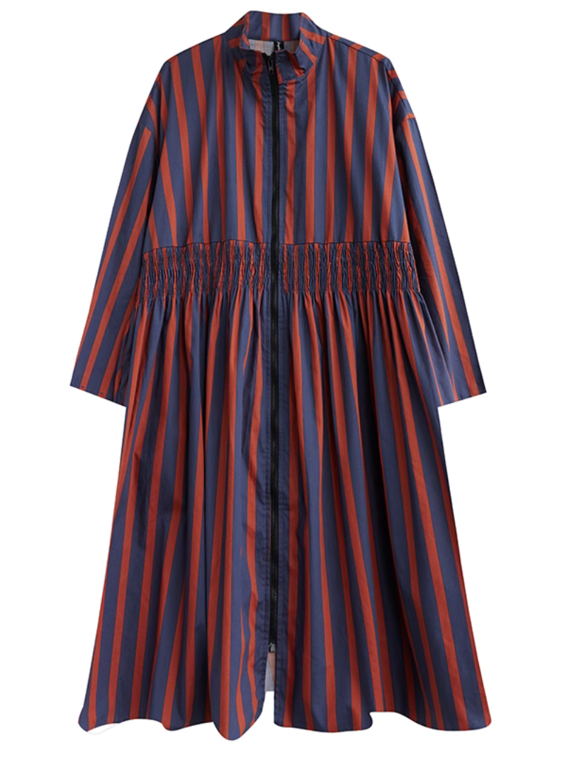 Printed Zipper Mid-Length Collar Striped A-line Dress