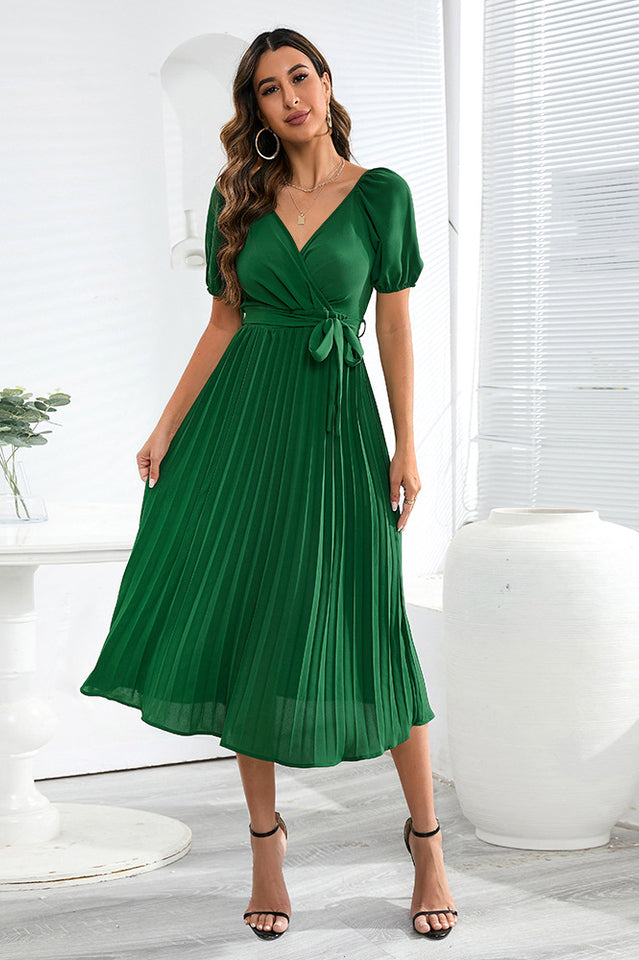 V-Neck Pleated Tie-Waist Midi Dress