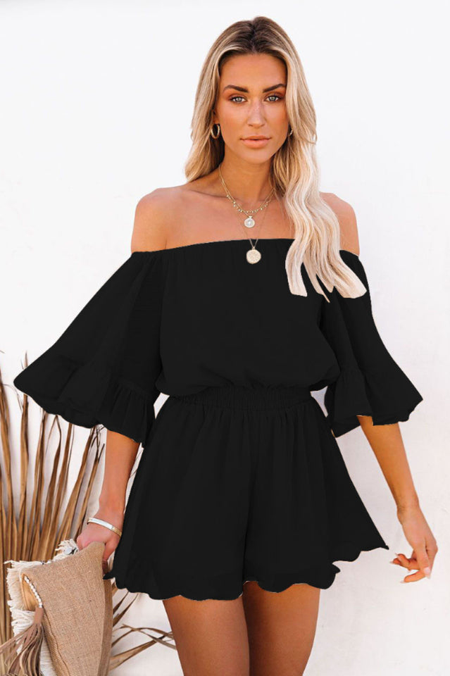 Flounced Sleeve Off Shoulder Romper