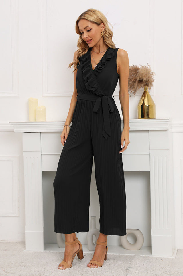 Calf Length Pleated Ruffled Jumpsuit