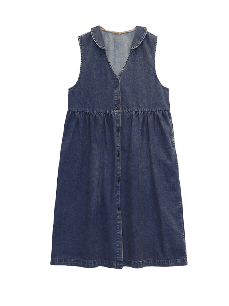 Women Stylish V-Neck Denim Cardigan Style Sleeveless Midi Dress