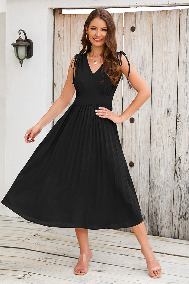 Cinched-Waist Pleated Midi Dress