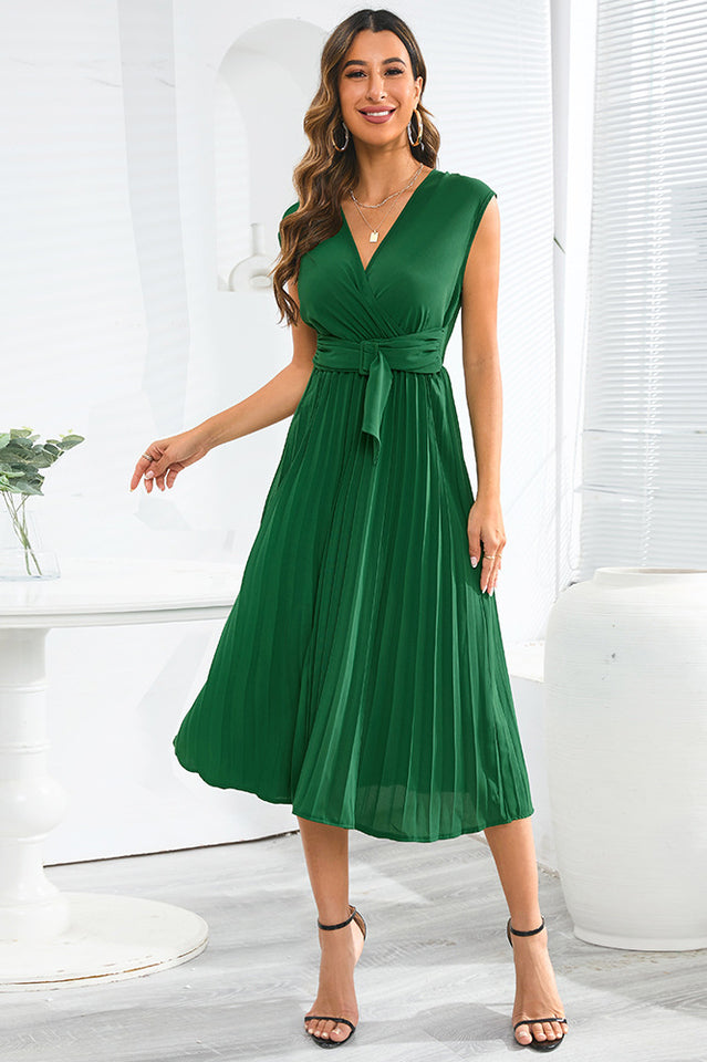 Pleated Belted Midi Dress