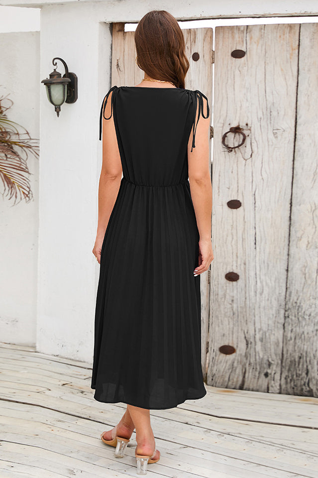 Cinched-Waist Pleated Midi Dress