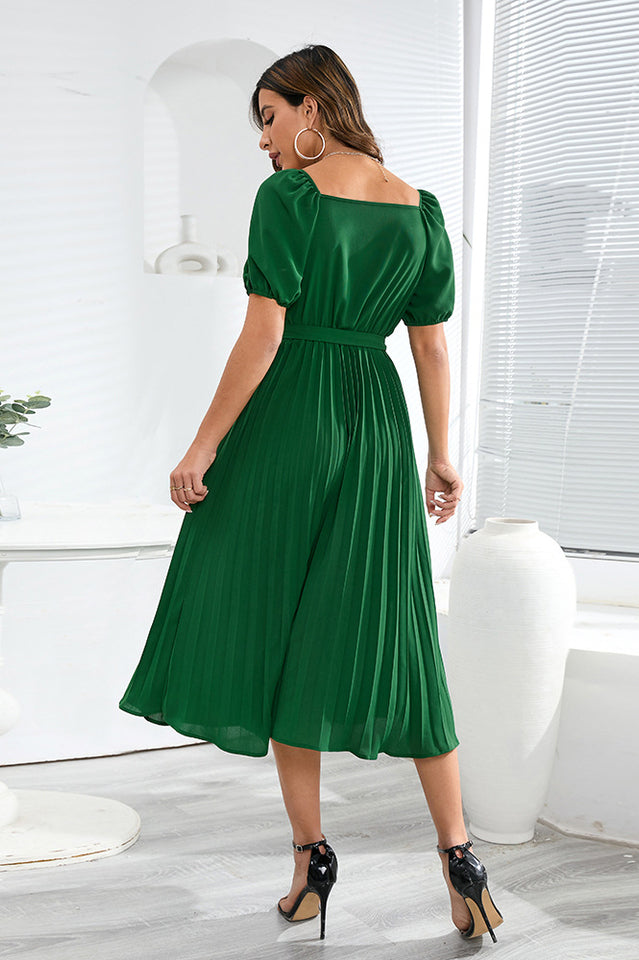 V-Neck Pleated Tie-Waist Midi Dress