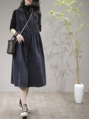 Women Stylish V-Neck Denim Cardigan Style Sleeveless Midi Dress