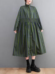 Printed Zipper Mid-Length Collar Striped A-line Dress