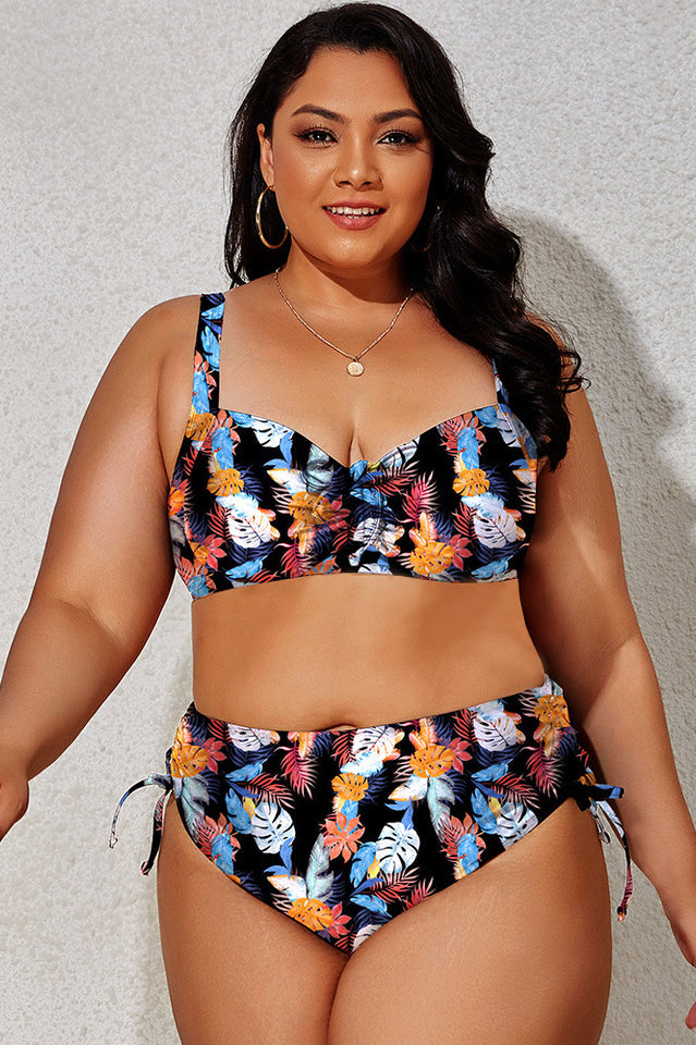 (L-4XL) Floral Adjustable Side Bikini Set