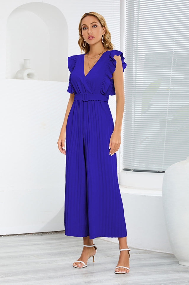 V-Neck Pleats Belted Jumpsuit